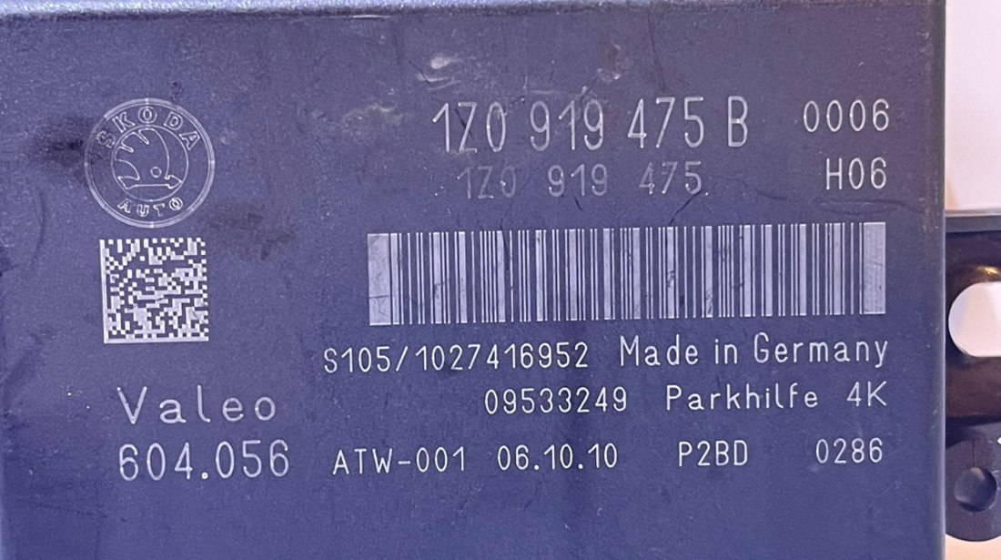 Unitate Modul Calculator Senzori Parcare PDC Parktronic Skoda Superb 2 2008 - 2013 Cod 1Z0919475B 1Z0919475