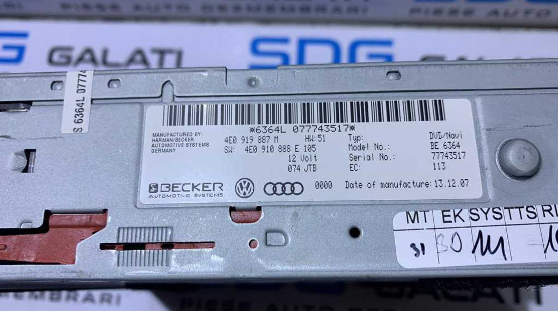 Unitate Modul Navigatie GPS DVD MMI Audi A8 D3 2002 - 2010 Cod 4E0919887M 4E0910888E
