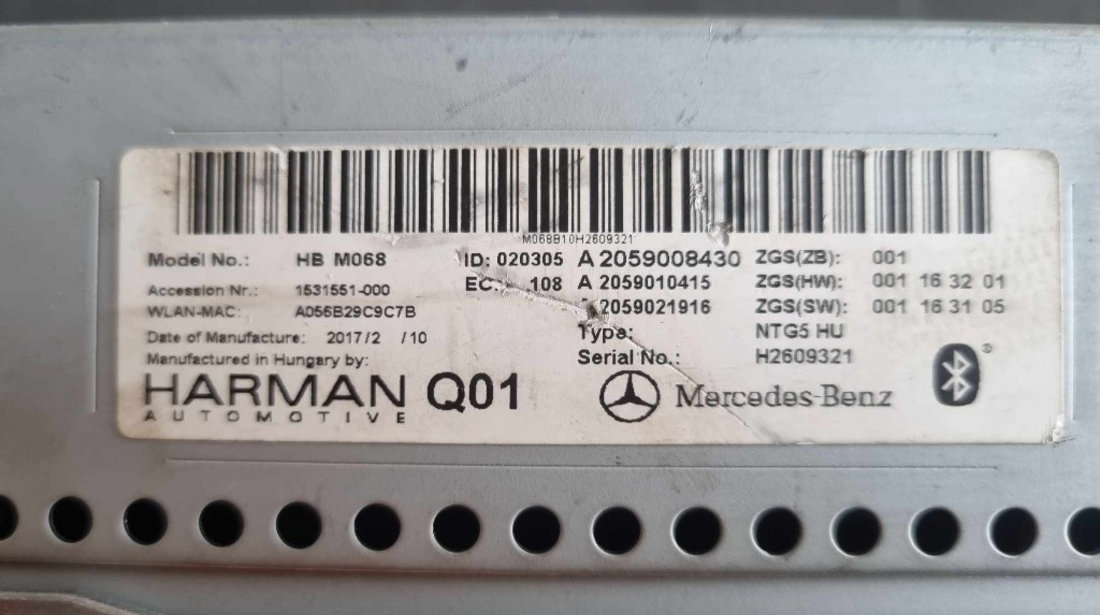 Unitate navigatie (HARMAN) model NTG5 Mercedes Benz Clasa C (W205) cod piesa A2059008430