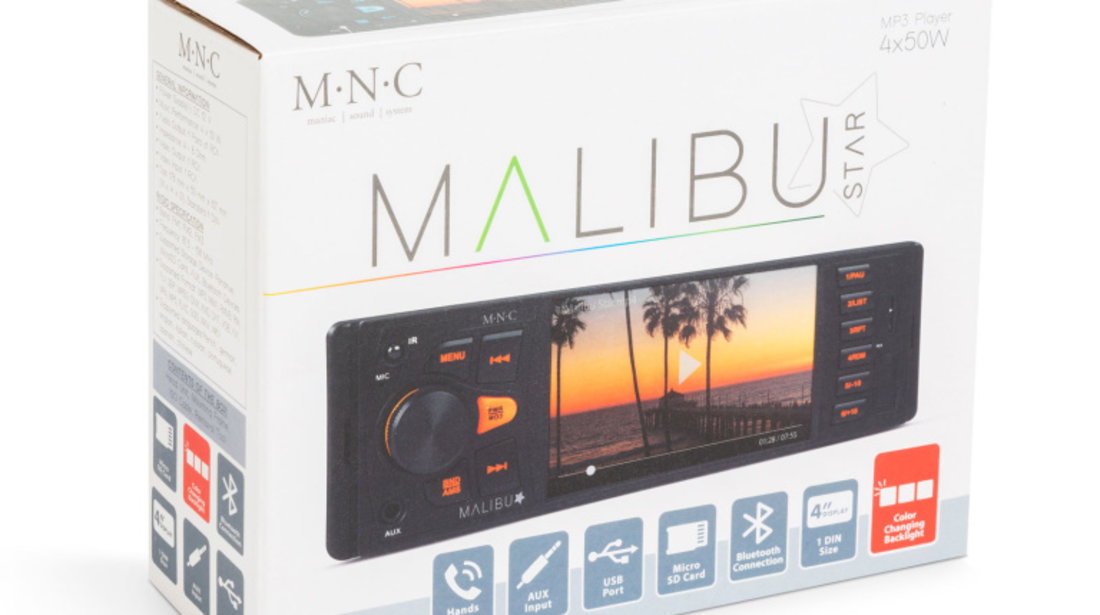 Unitate principală multimedia „Malibu Star” - 1 DIN - 4 x 50 W - BT - MP3 - AUX - SD - USB 39751