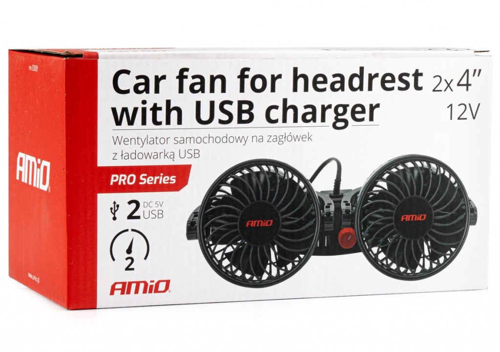 Ventilator Auto Dublu Pentru Tetiera Cu Incărcător USB 2X4&quot; 12V Amio 03009