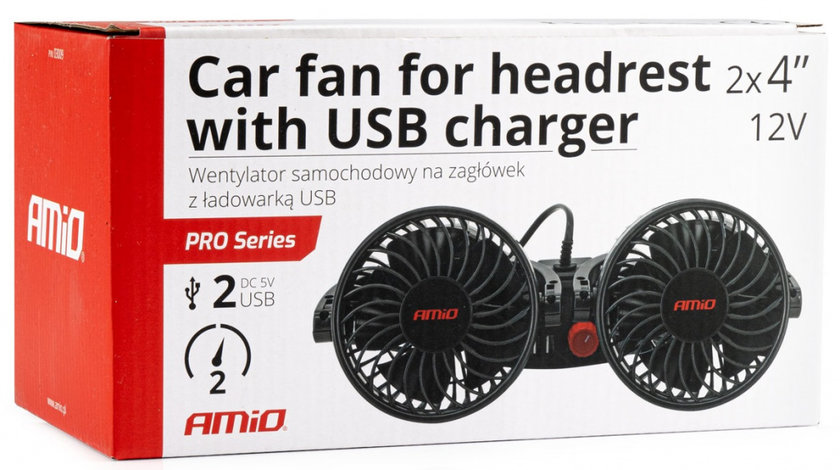 Ventilator Auto Dublu Pentru Tetiera Cu Incărcător USB 2X4&quot; 12V Amio 03009