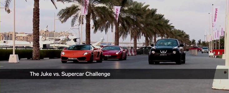 VIDEO: Noul Nissan Juke-R se ia la intrecere cu 458 Italia, Gallardo Bicolore si SLS AMG