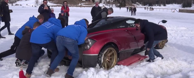 VIDEO: Un Pagani Huayra de trei milioane de dolari e impins de la spate dupa ce ramane blocat in zapada