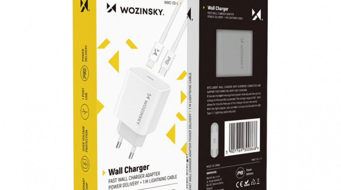 Wozinsky Fast EU USB Type C Power Delivery 20W încărcător De Perete + Cablu USB Type C / Cablu Lightning 1m Alb 5907769300868
