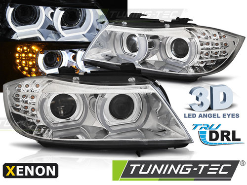 XENON Faruri ANGEL EYES LED DRL Crom look compatibila BMW E90/E91 09-11