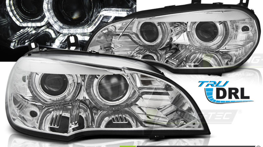 XENON Faruri ANGEL EYES LED DRL Crom look compatibila BMW X5 E70 07-10